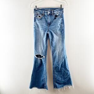 American Eagle Distressed Raw Hem Super High Rise Flare Jeans Blue 2